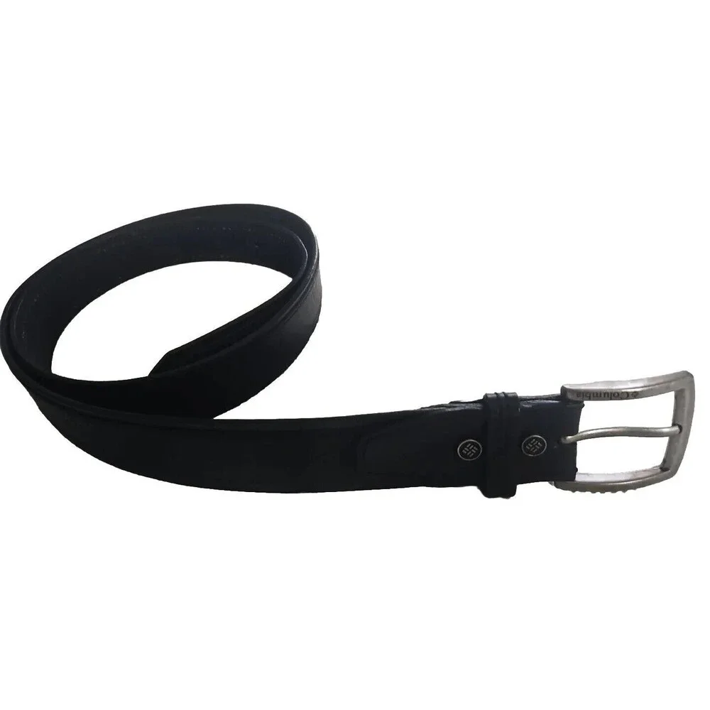 Columbia Mens Black Leather Belt  Silvertone Square Buckle 1.5